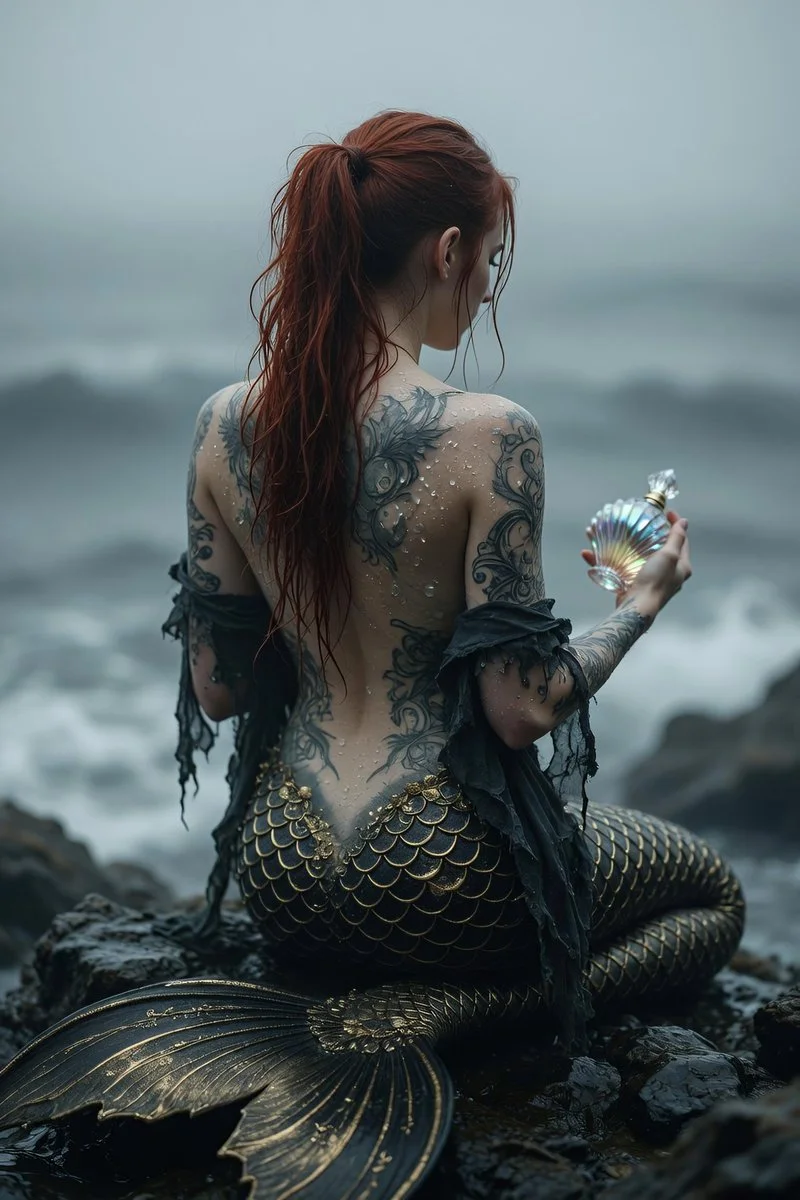 Wet mermaid tail with gold scales gleams in gloomy sea light.