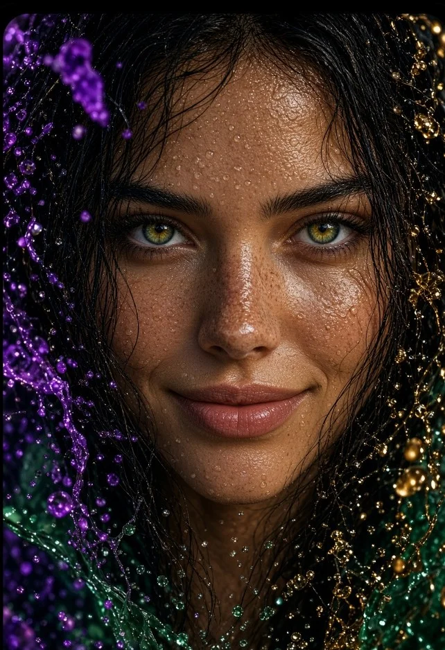 Wet-skinned woman with freckles and green eyes smiles amid colorful splashes