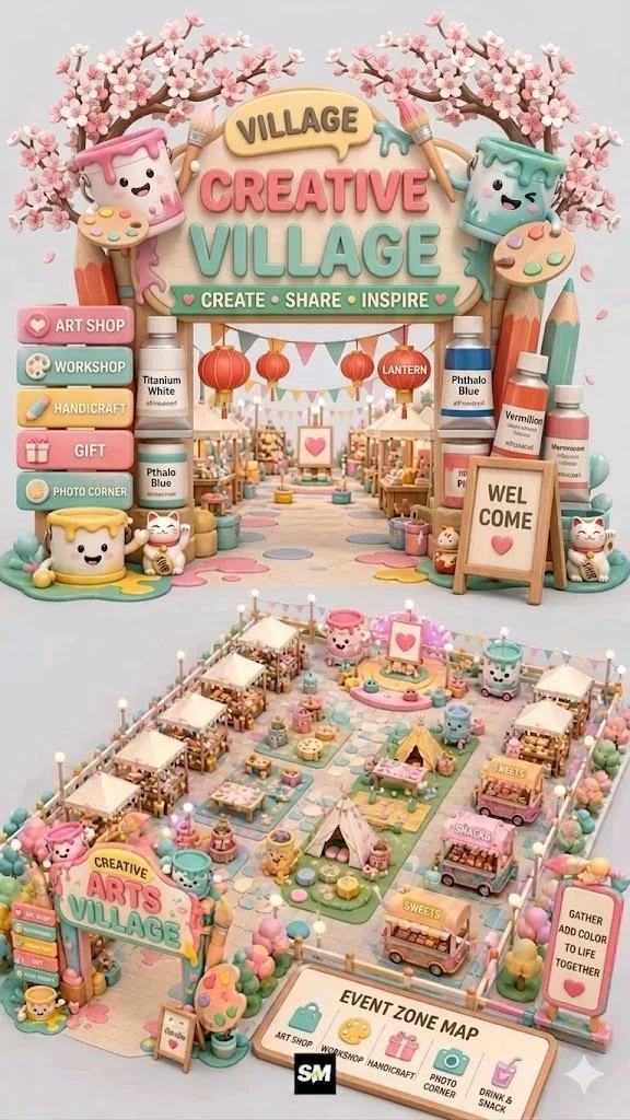 Whimsical 3D arts market entrance with cherry blossoms and lanterns