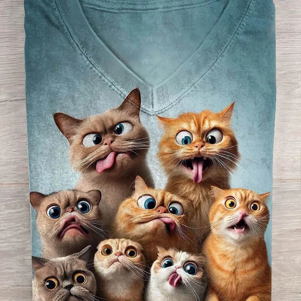 Whimsical Cats on Soft Teal T-Shirt