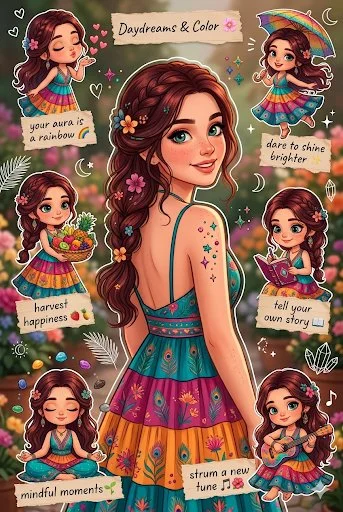 Whimsical chibi stickers surround a radiant boho woman with flowers