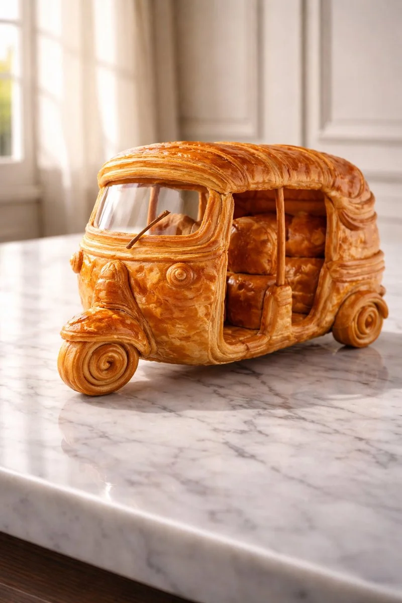 Whimsical Croissant Vehicles in a Bright, Elegant Setting