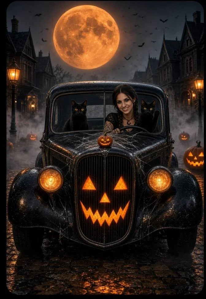 Whimsical dark fantasy Halloween drive down wet cobblestone street with bats