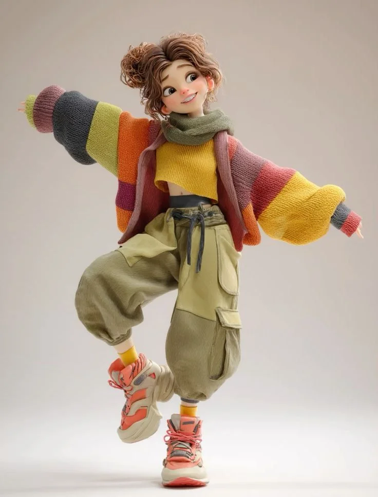 Whimsical Fashion and Texture in a Lively Pixar-Inspired Character