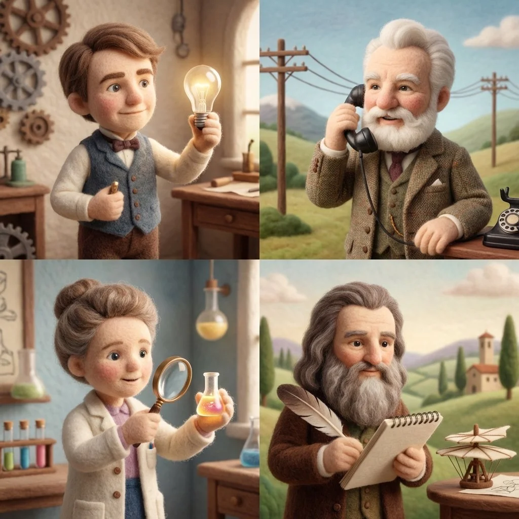 Whimsical Felted Wool Portraits of Four Legendary Inventors