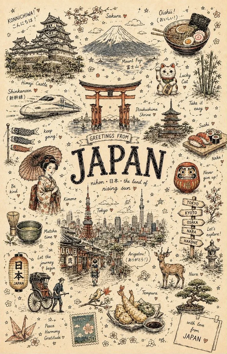 Whimsical hand-drawn doodle map of Japan with landmarks and food