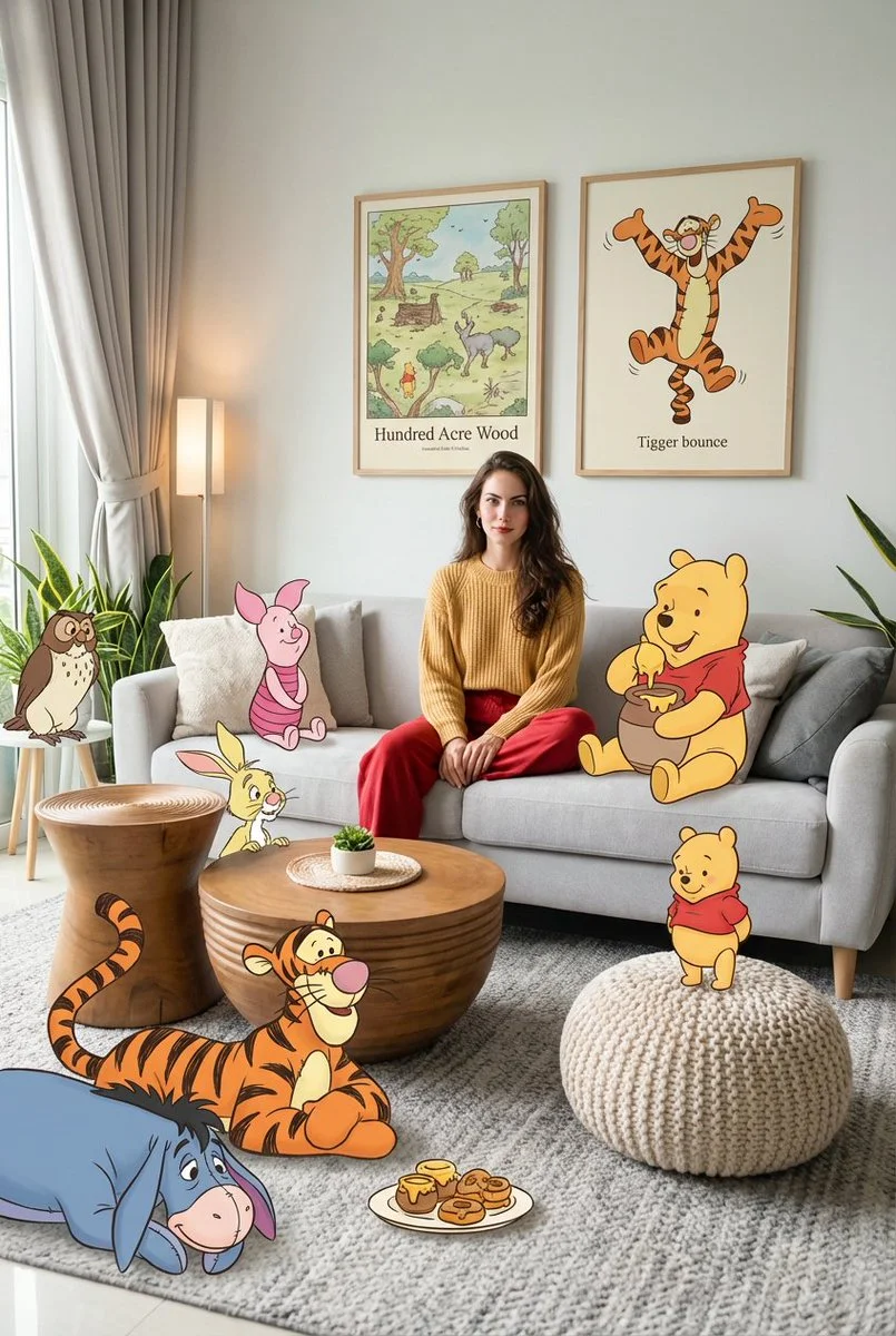 Whimsical Harmony: Real Meets Cartoon in Cozy Living Room
