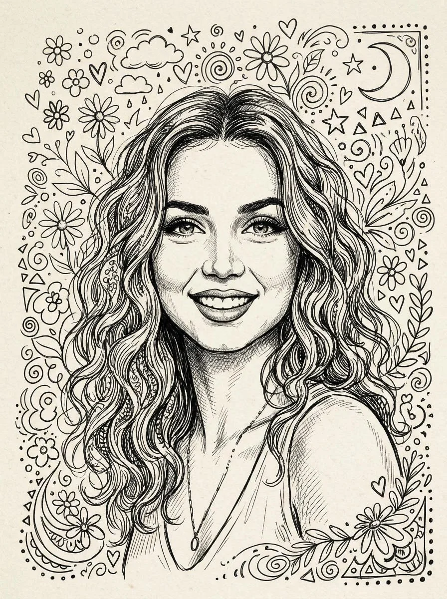 Whimsical Ink Portrait with Playful Doodles
