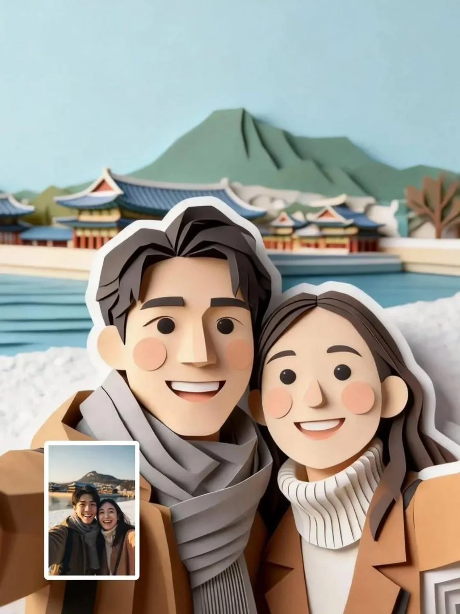 Whimsical Paper-Cut Portrait of a Joyful Couple Outdoors