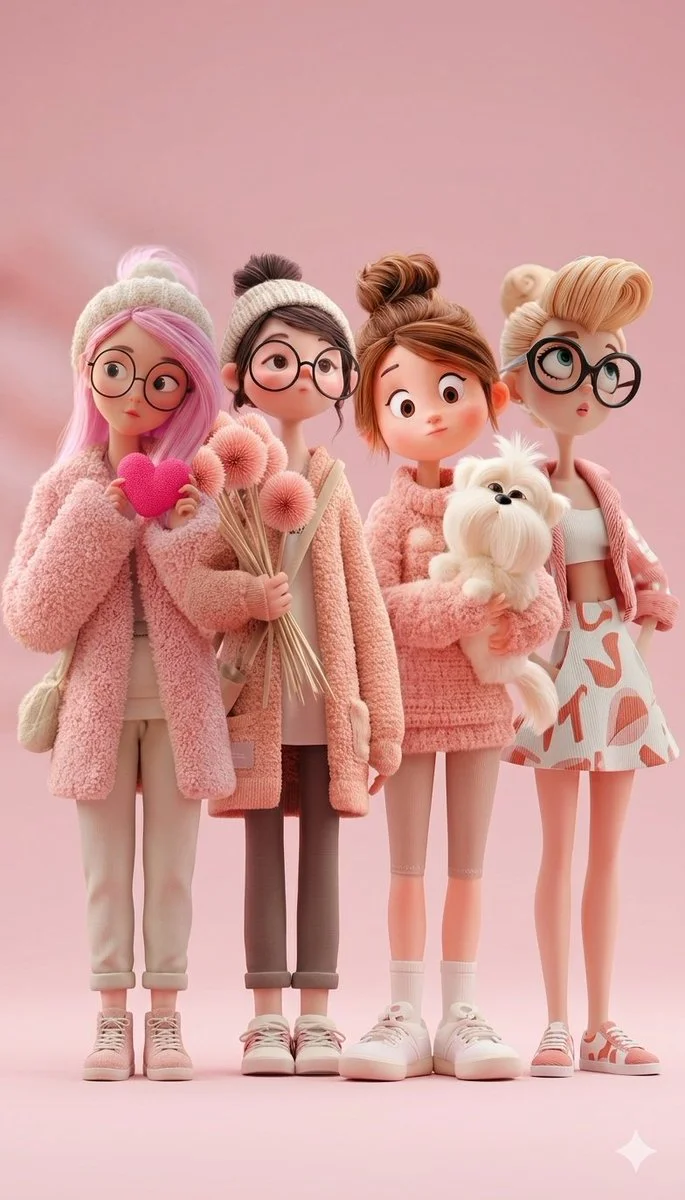 Whimsical Pink Dream: 3D Cartoon Girls Unite