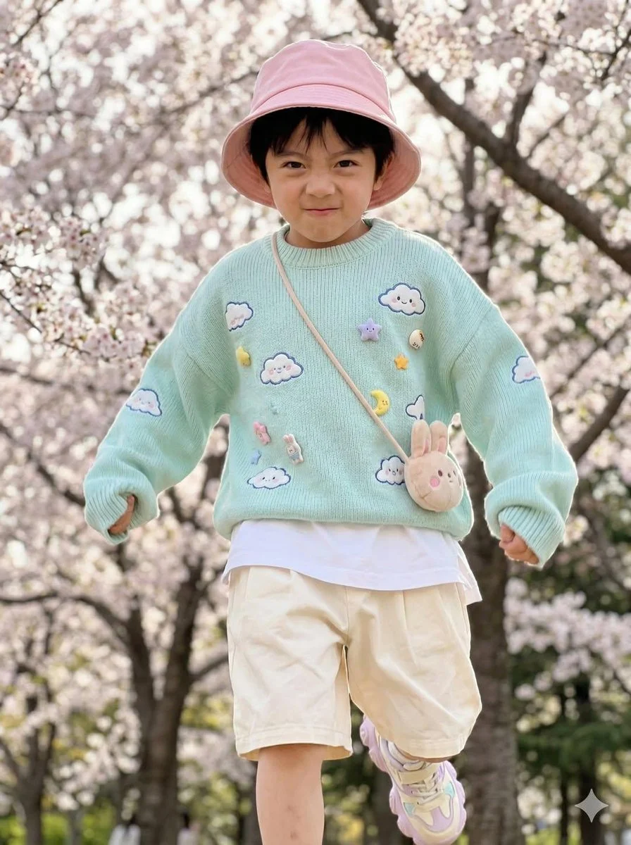 Whimsical Spring Style: Playful Kid in Blooming Garden