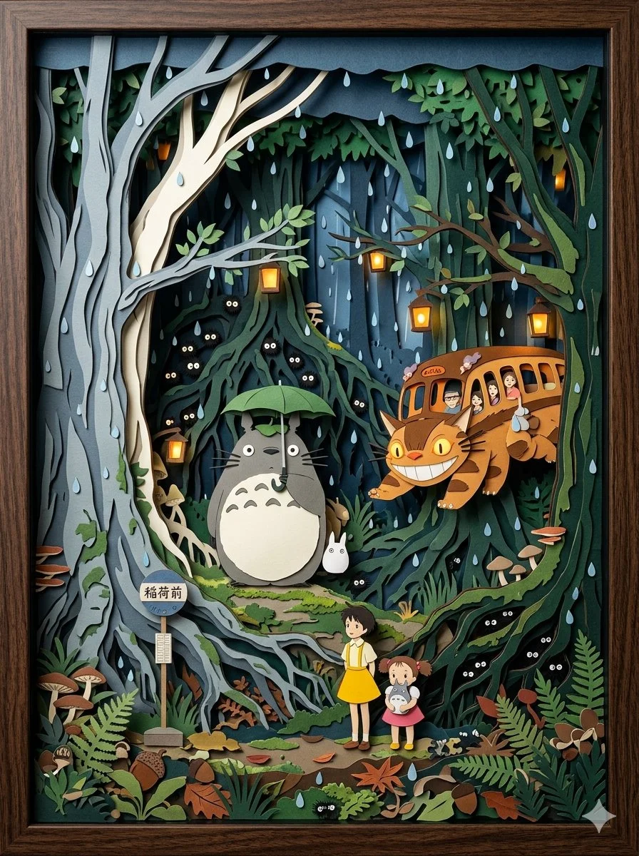 Whimsical Totoro Scene in Handcrafted Paper Layers