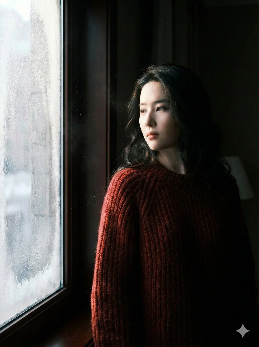 Whispers of Winter: A Portrait by the Frosted Window