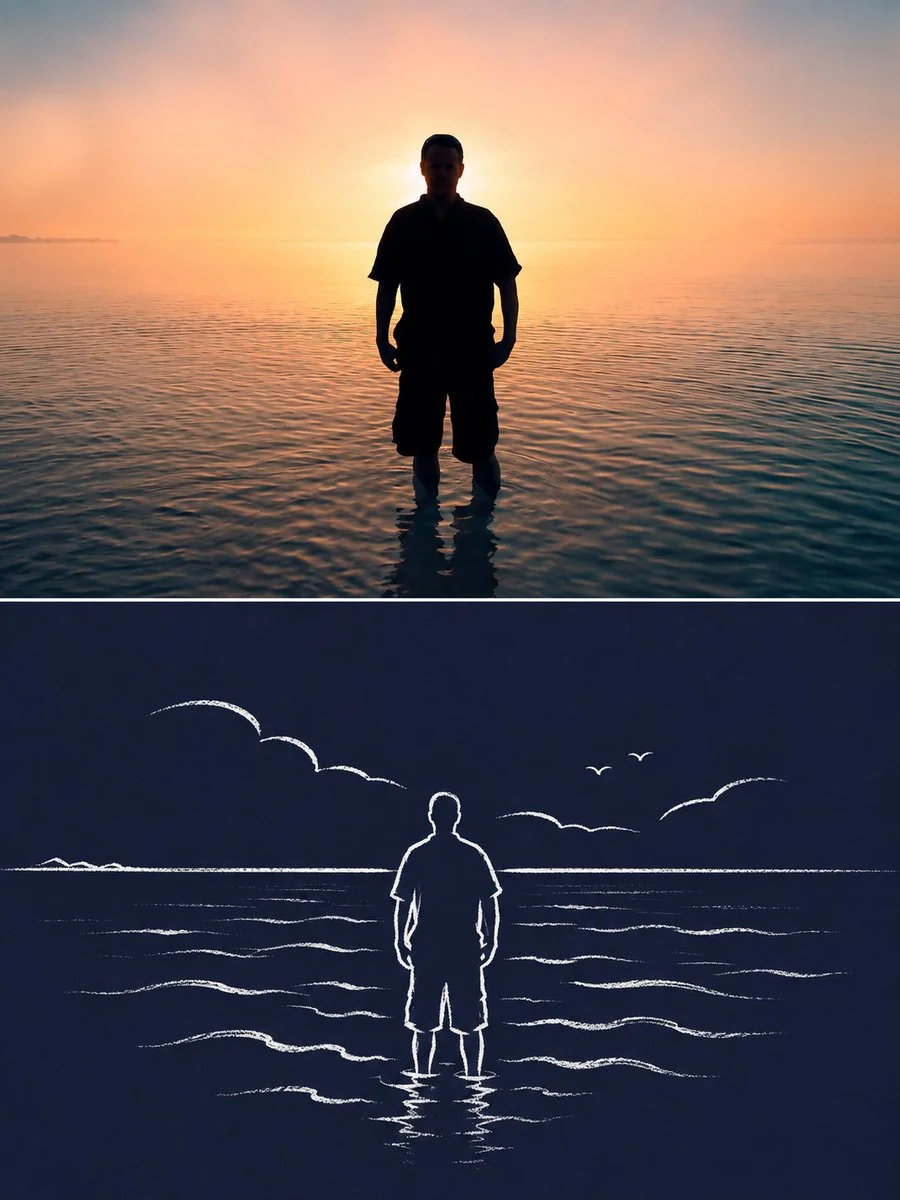 White wind lines trace Indonesia's doors, seas, and terraces in minimalist art