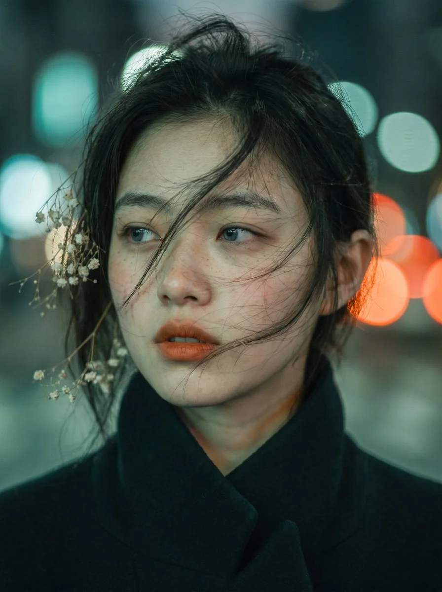 Windblown portrait with one sharp eye amid teal orange city bokeh