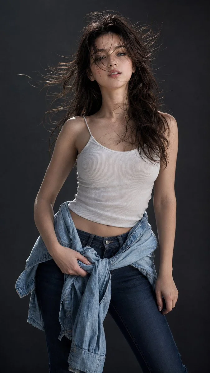 Windblown woman in denim jacket poses with rebellious sensuality.