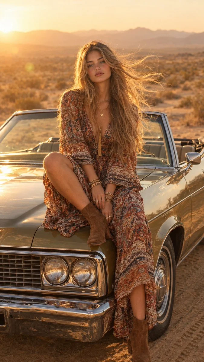 Windswept Boho Muse Perched on Vintage Convertible at Golden Hour