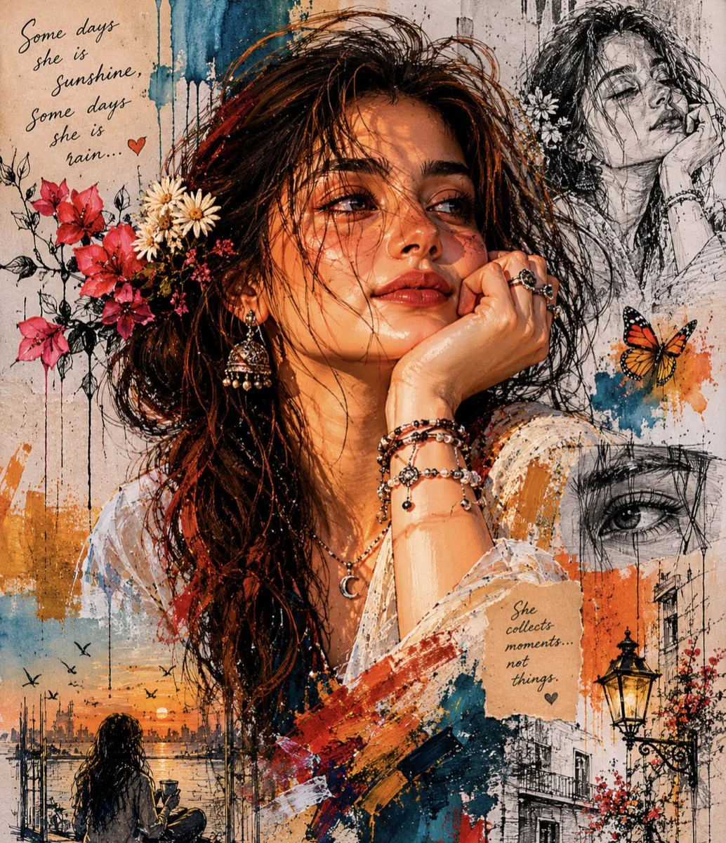 Windswept dark hair adorned with daisies in a textured collage portrait