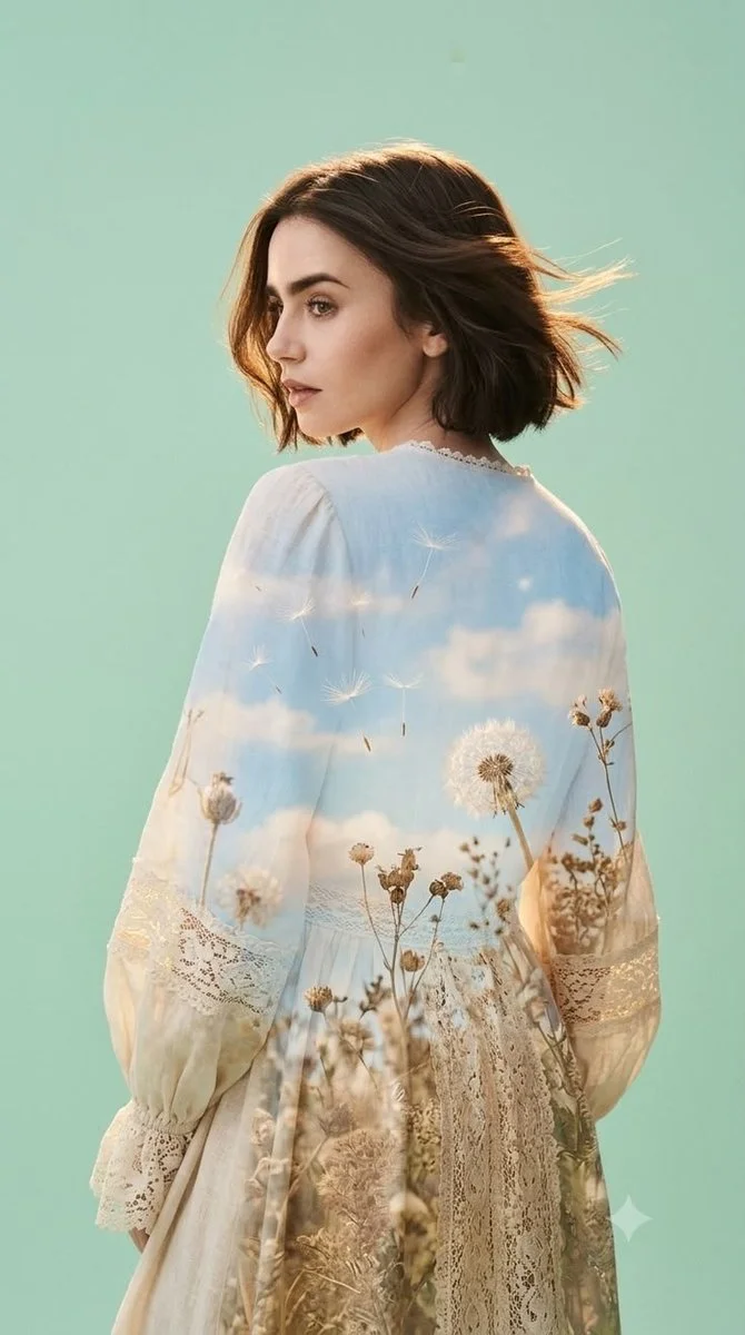 Windswept Muse in Lace Dress Turns Amid Dreamy Sky Landscape