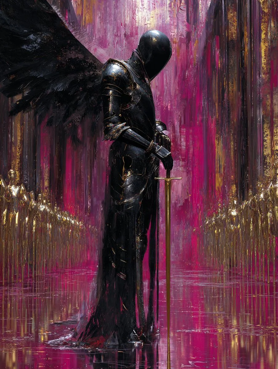 Winged Knight in Black Armor Guards a Magenta Cathedral Hall