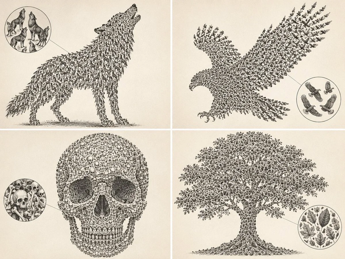 Wolf silhouette formed by hundreds of tiny howling wolves in ink