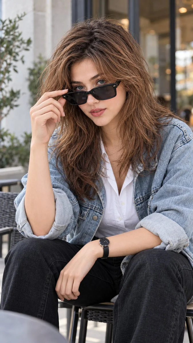 Woman adjusting sunglasses in oversized denim jacket at outdoor café
