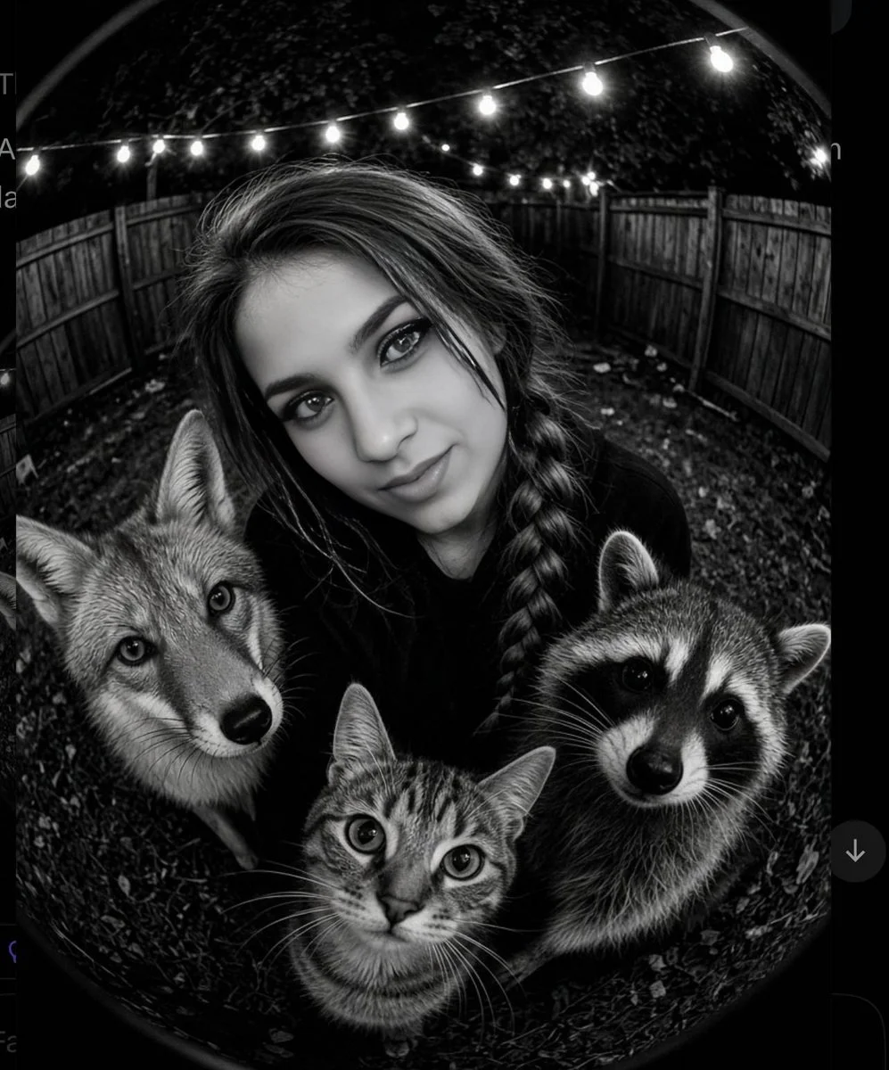 Woman and wild animals gather under fairy lights at night