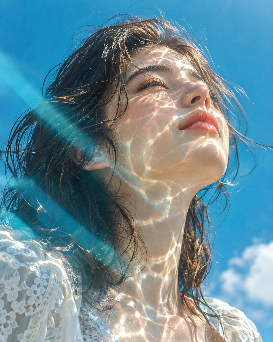 Woman basks in sunlight with water caustics on her face