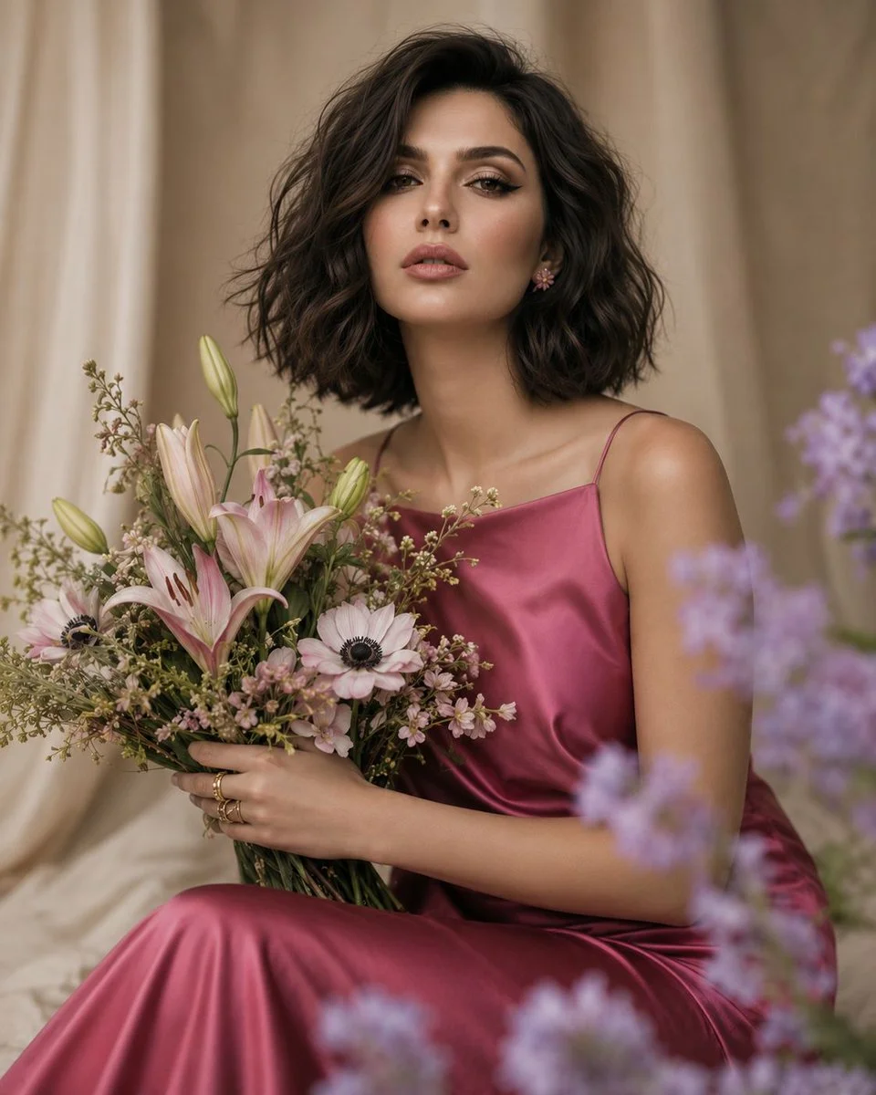 Woman cradling pink lilies in a satin dress with soft window light.