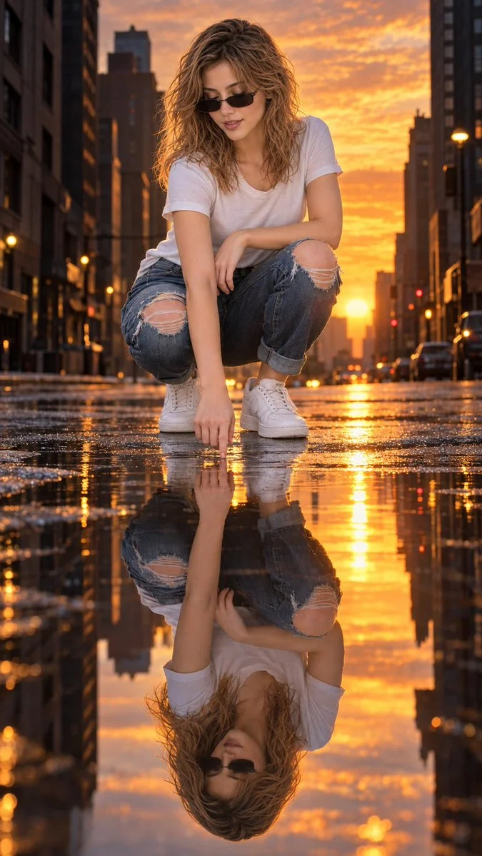 Woman crouches on wet street as golden sunset mirrors her silhouette