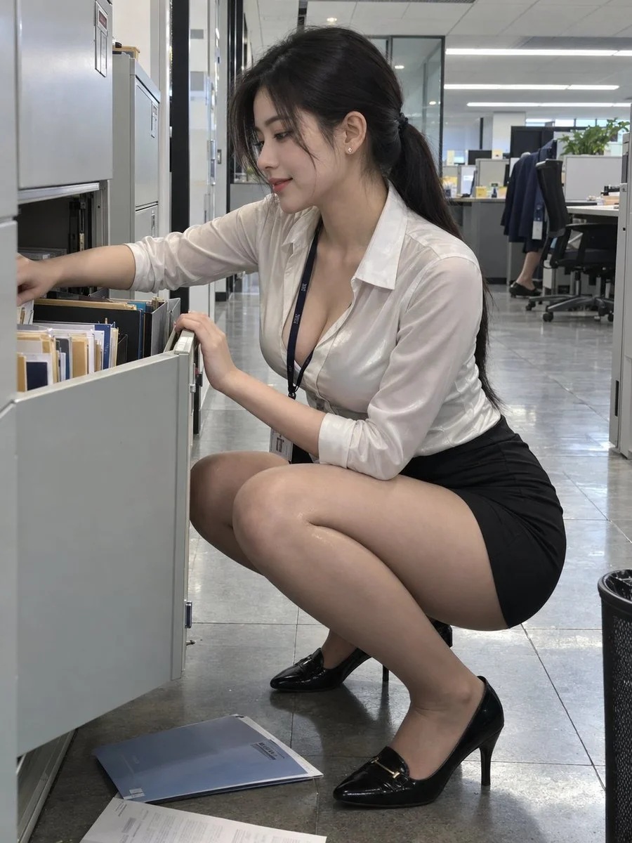 Woman crouches sideways flipping files, smile suppressed in office