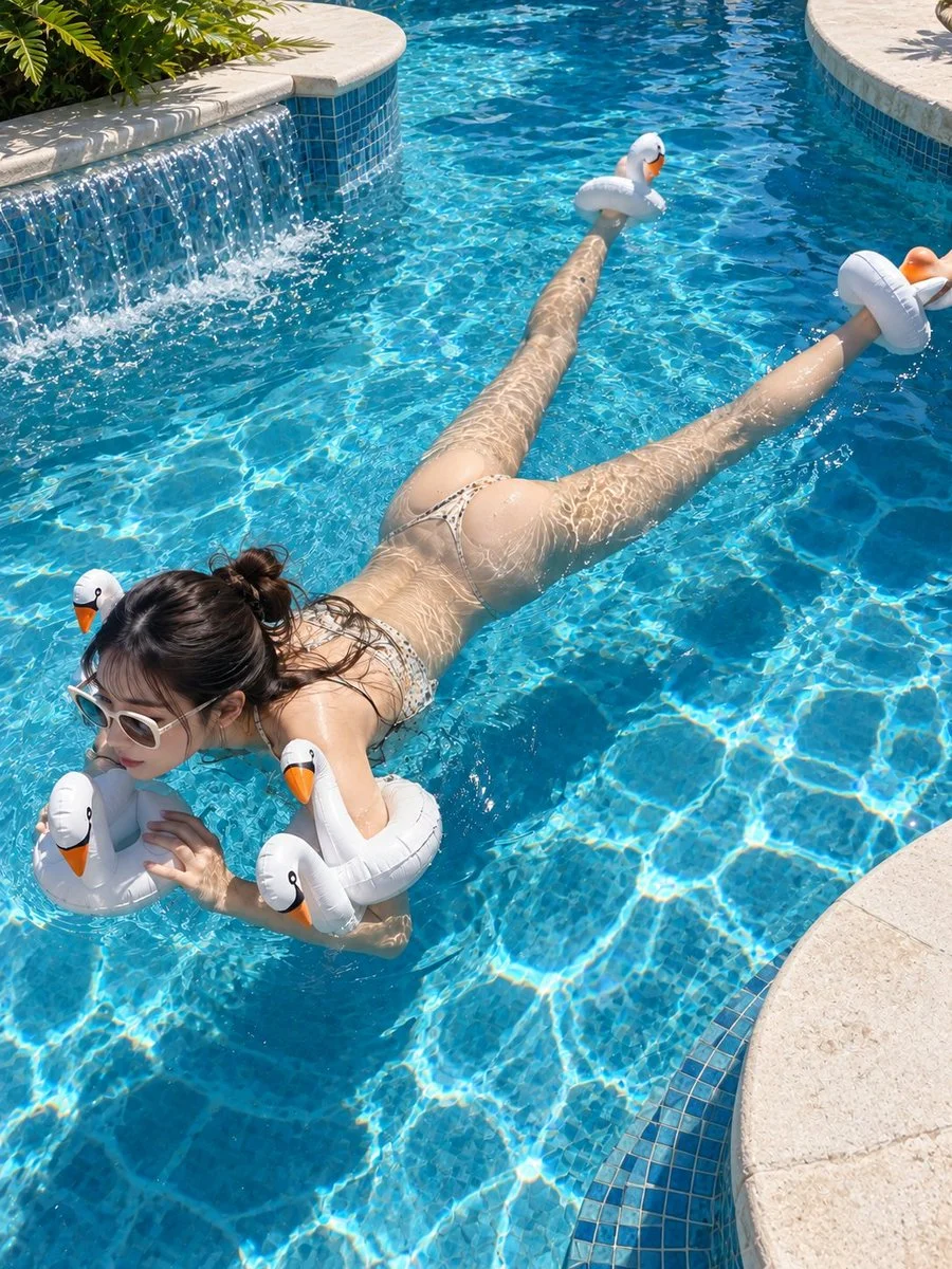 Woman floats among white swan rings in sunlit blue pool