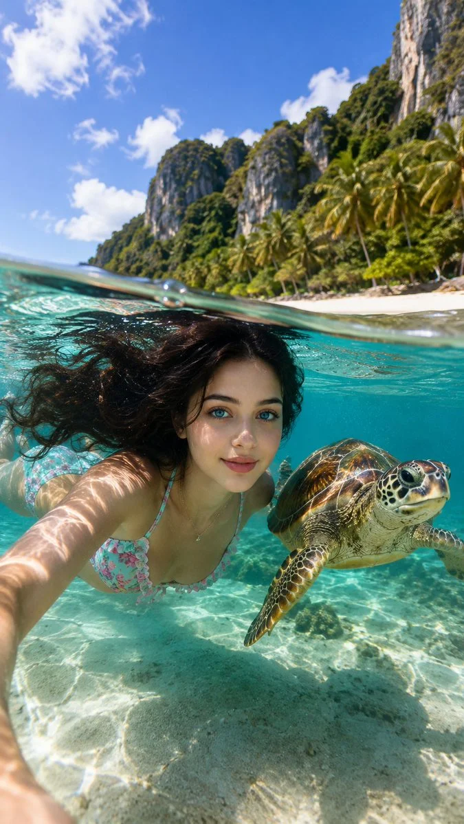 Woman floats gracefully with a turtle in a sunlit tropical lagoon