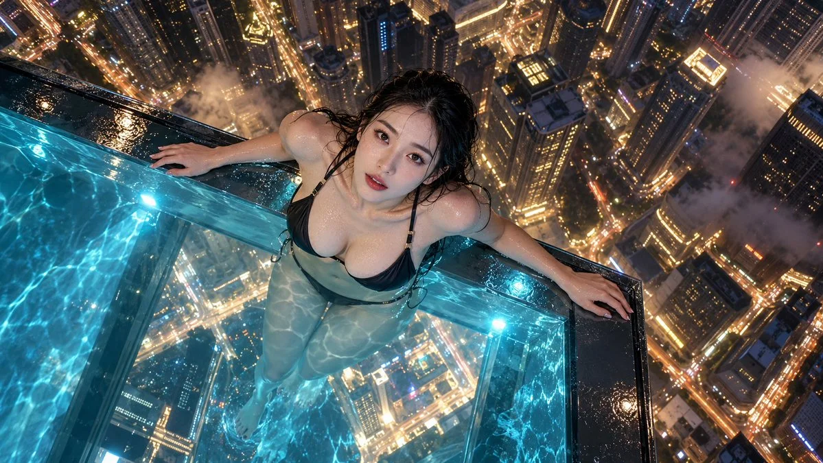 Woman floats in glass sky pool above glowing city at night