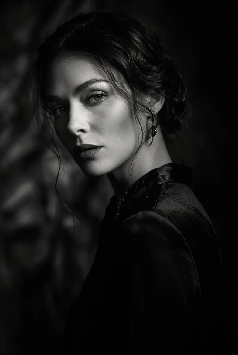 Woman gazes over shoulder in dramatic black-and-white chiaroscuro portrait