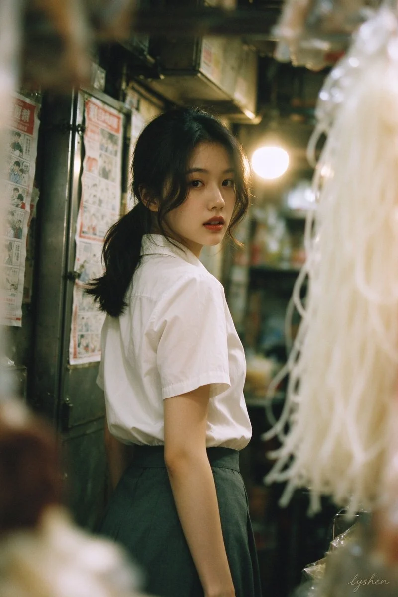 Woman glances back through alley clutter in vintage film portrait