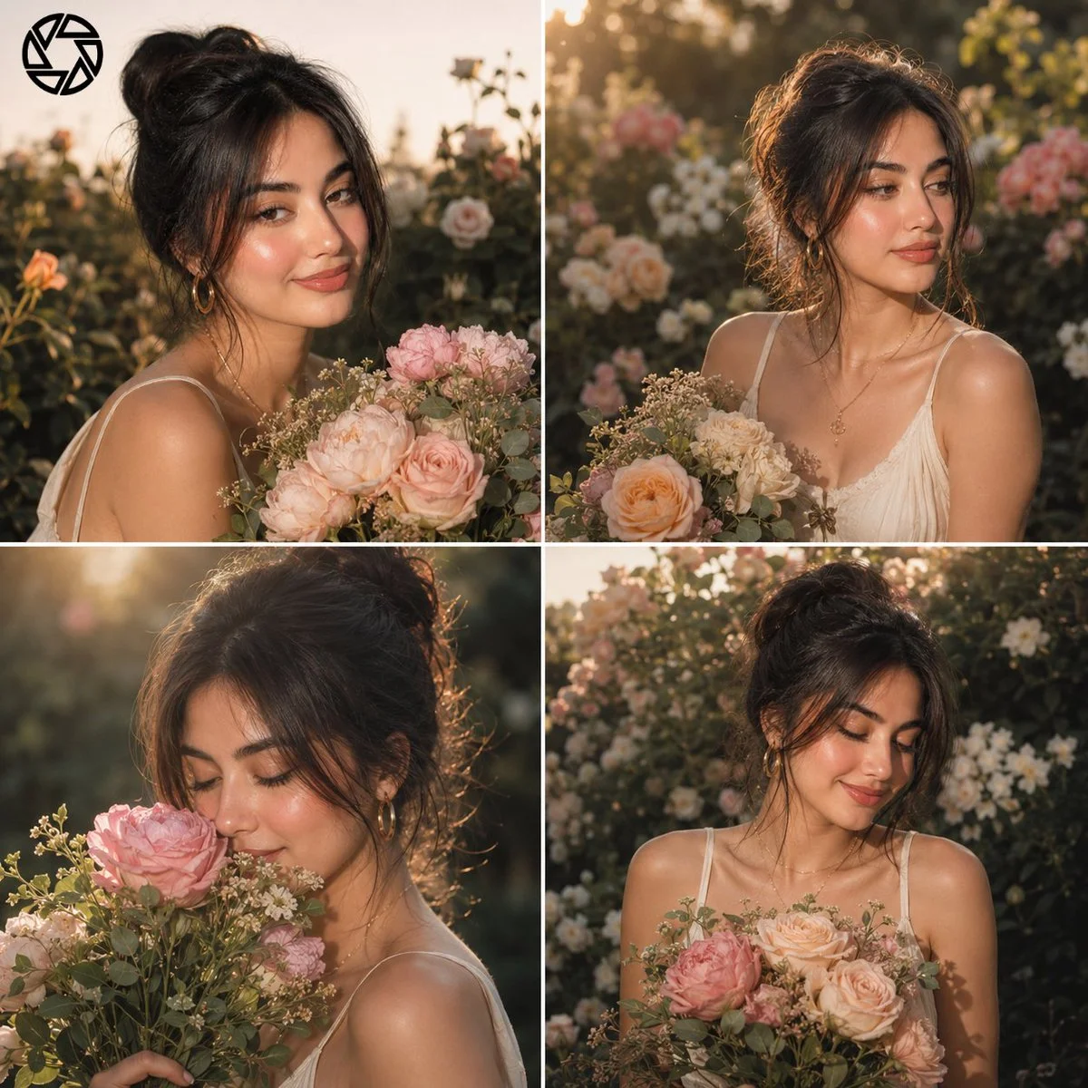 Woman holds blush roses in golden sunlight across three film frames