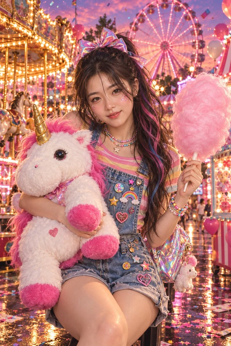 Woman holds cotton candy and unicorn plush at neon carnival