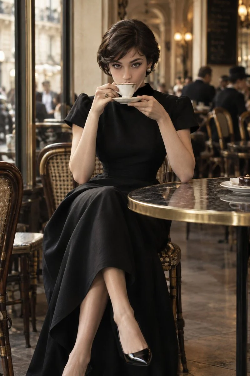 Woman Holds Espresso Cup in Vintage Parisian Café Fashion Portrait