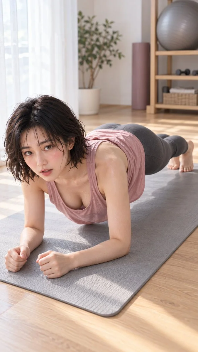 Woman holds forearm plank while glancing up at camera in home gym