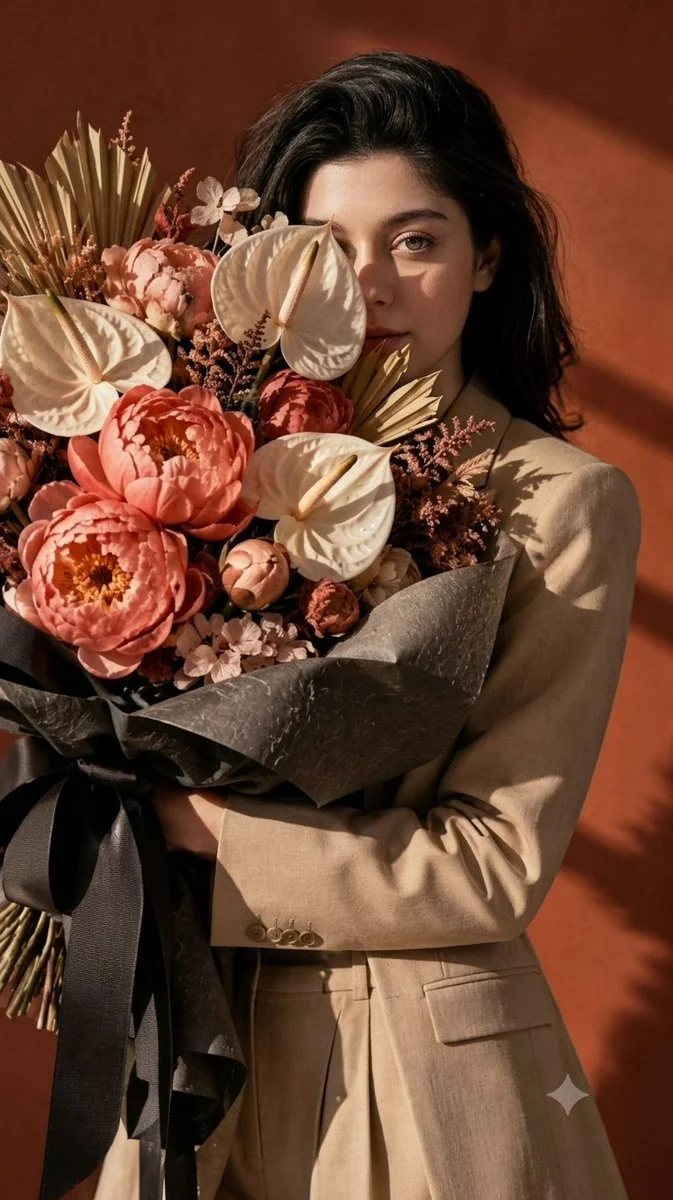 Woman Holds Giant Floral Bouquet Against Terracotta Studio Wall