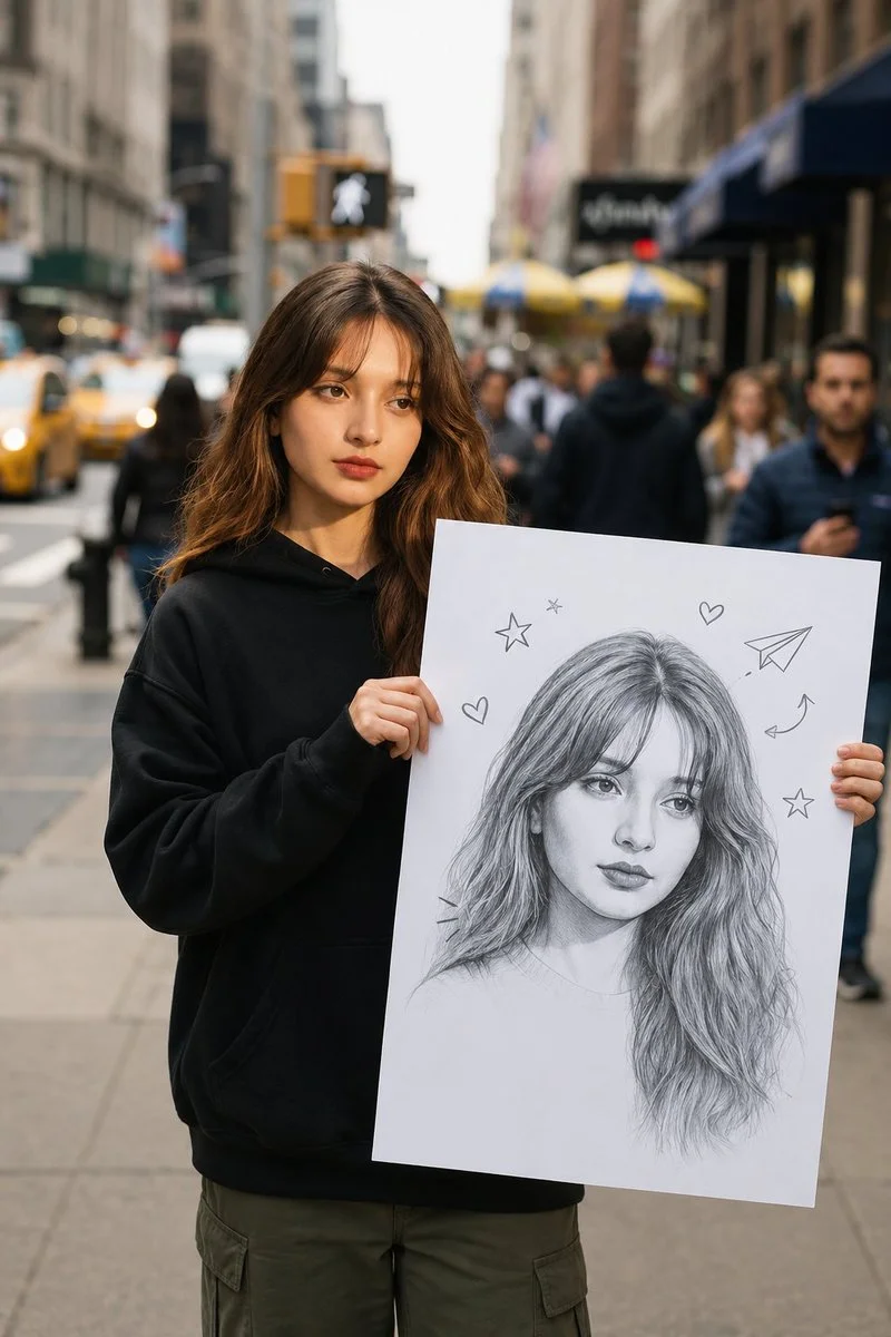 Woman holds graphite self-portrait poster on busy NYC street