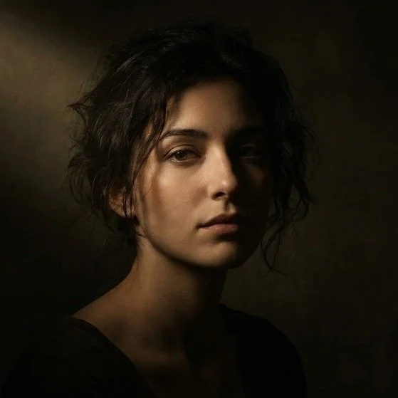 Woman illuminated by single window light in Rembrandt style