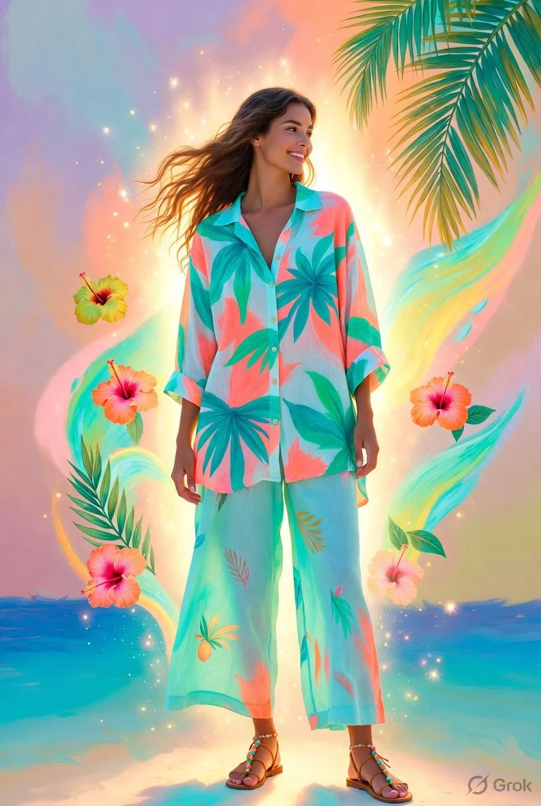 Woman in aqua wide-leg pants enjoys paradise sunset glow