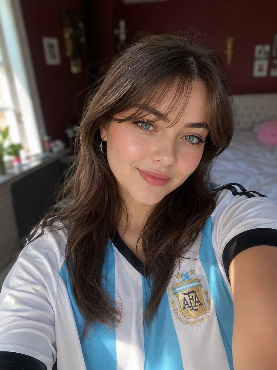 Woman in Argentina jersey takes a cozy bedroom selfie.