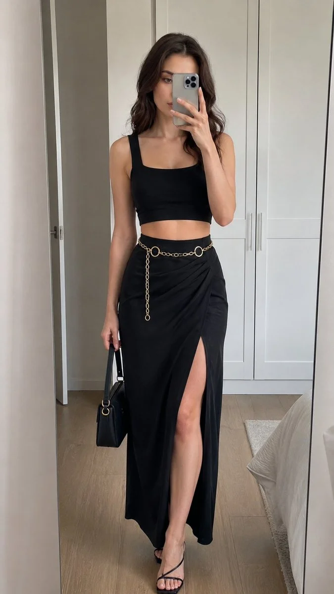 Woman in black crop top and wrap skirt poses for mirror selfie