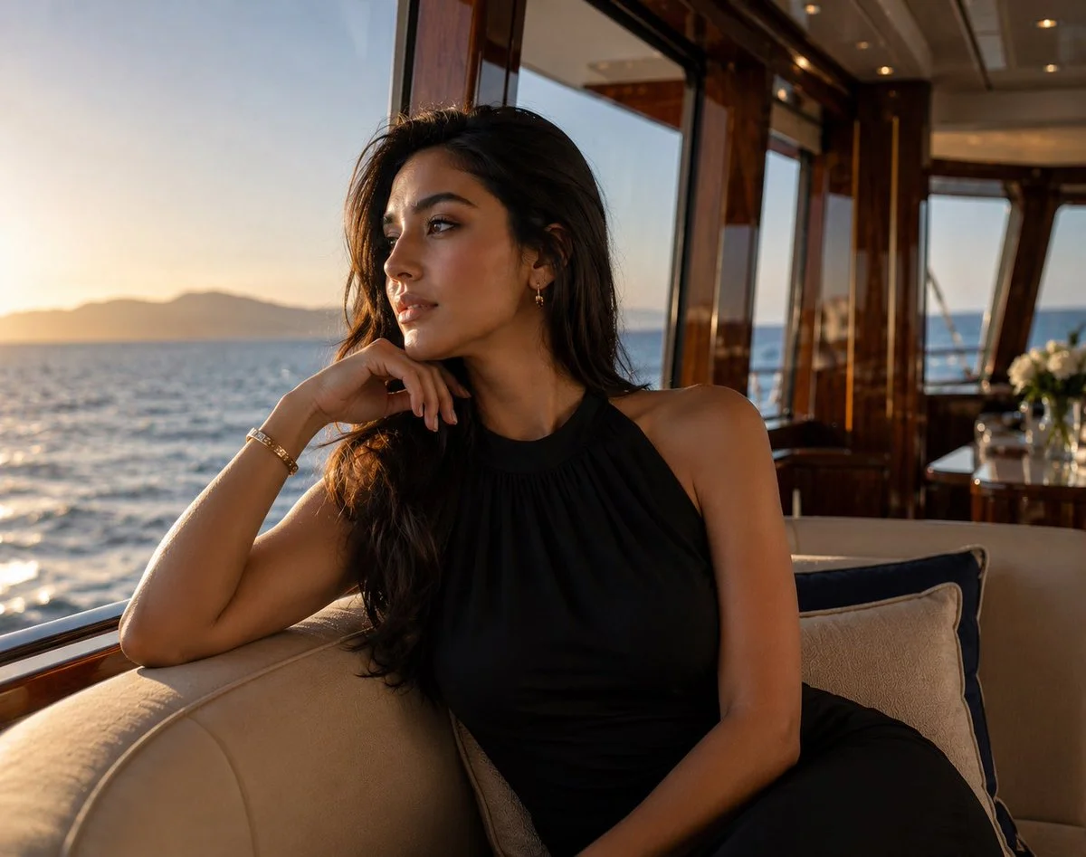 Woman in black dress gazes at ocean from luxury yacht interior