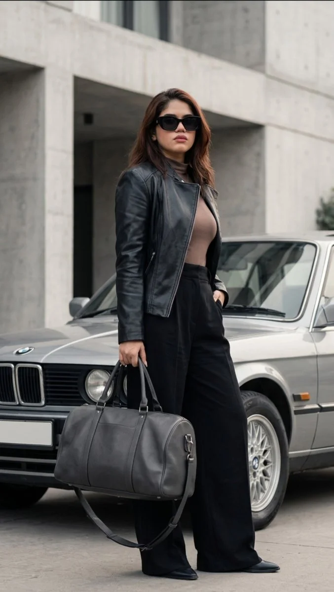 Woman in Black Leather Bomber Poses Beside Vintage BMW