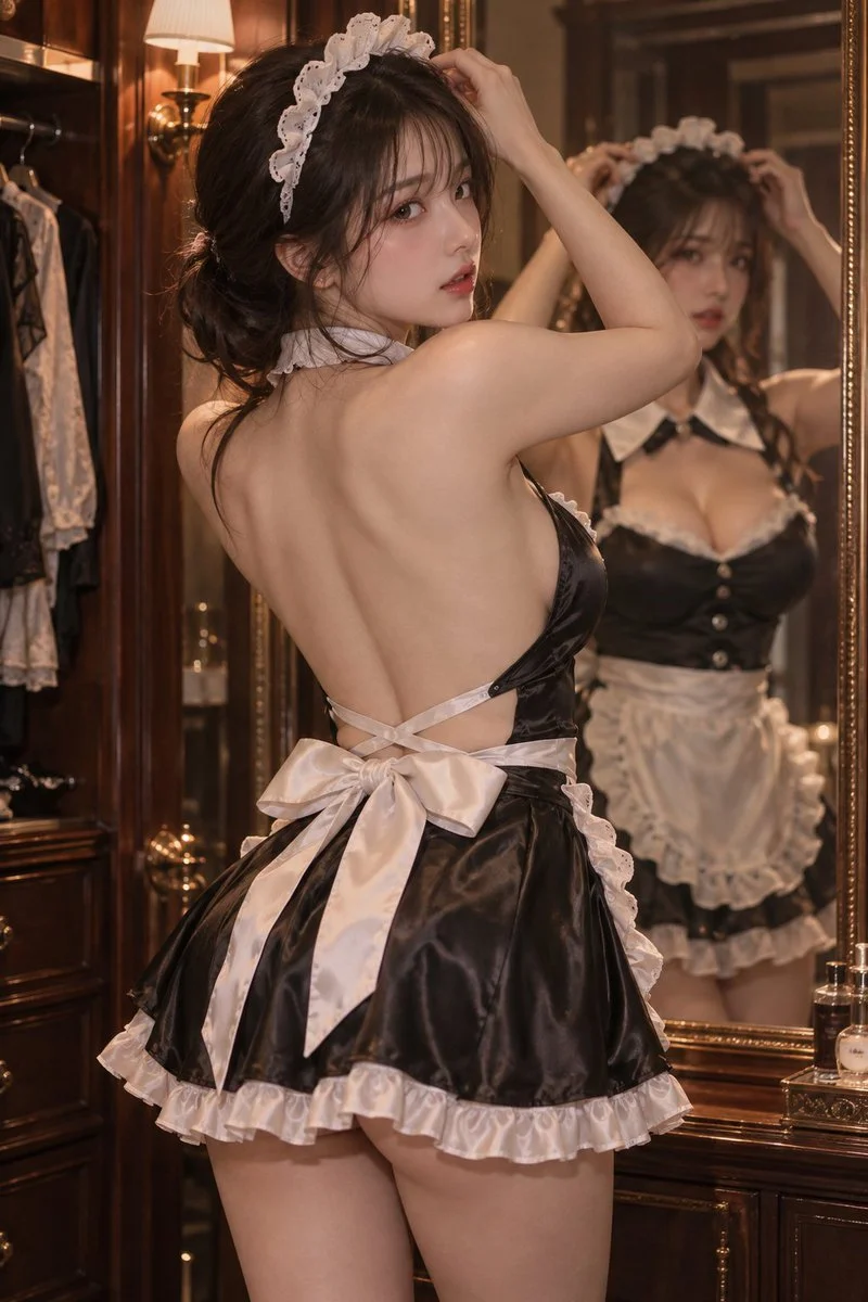 Woman in black maid dress glances back at mirror in warm closet