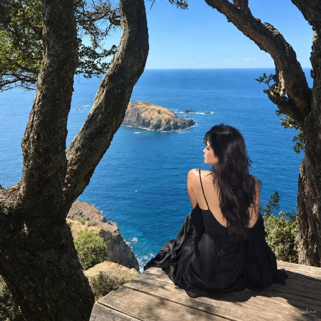 Woman in Black Slip Dress Sits on Cliff Overlooking Ocean